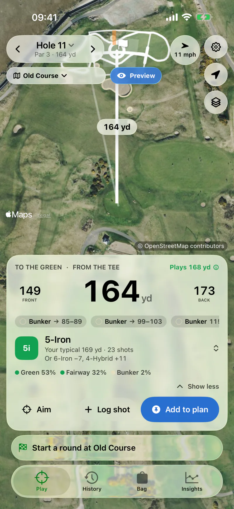 Golf Scout on the par-3 11th: 164 yards to the middle of the green, playing 168, and the caddie's 5-iron from your typical 169 yards, with a 53 percent chance of the green