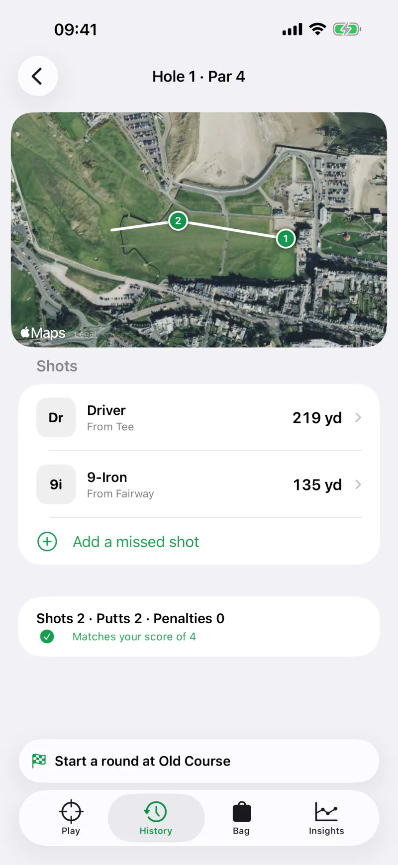 Reviewing the 1st after the round: the drive and 9-iron on the hole map, which add up to the score of 4