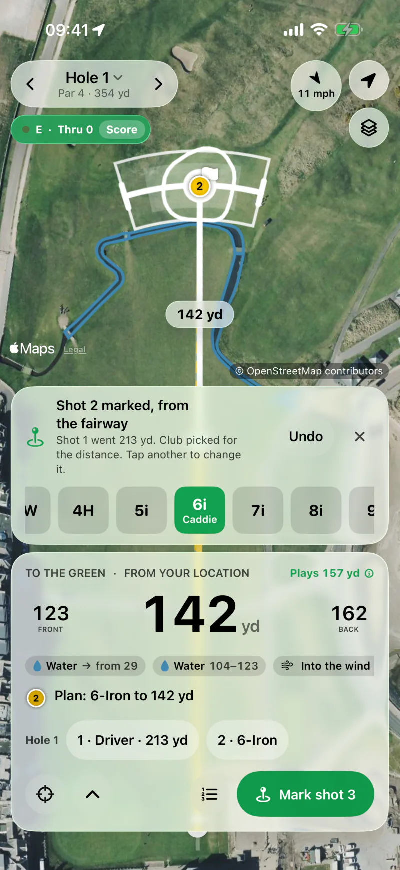Shot 2 marked from the fairway: the drive went 213 yards, the clubs to choose from, and 142 yards left to the green