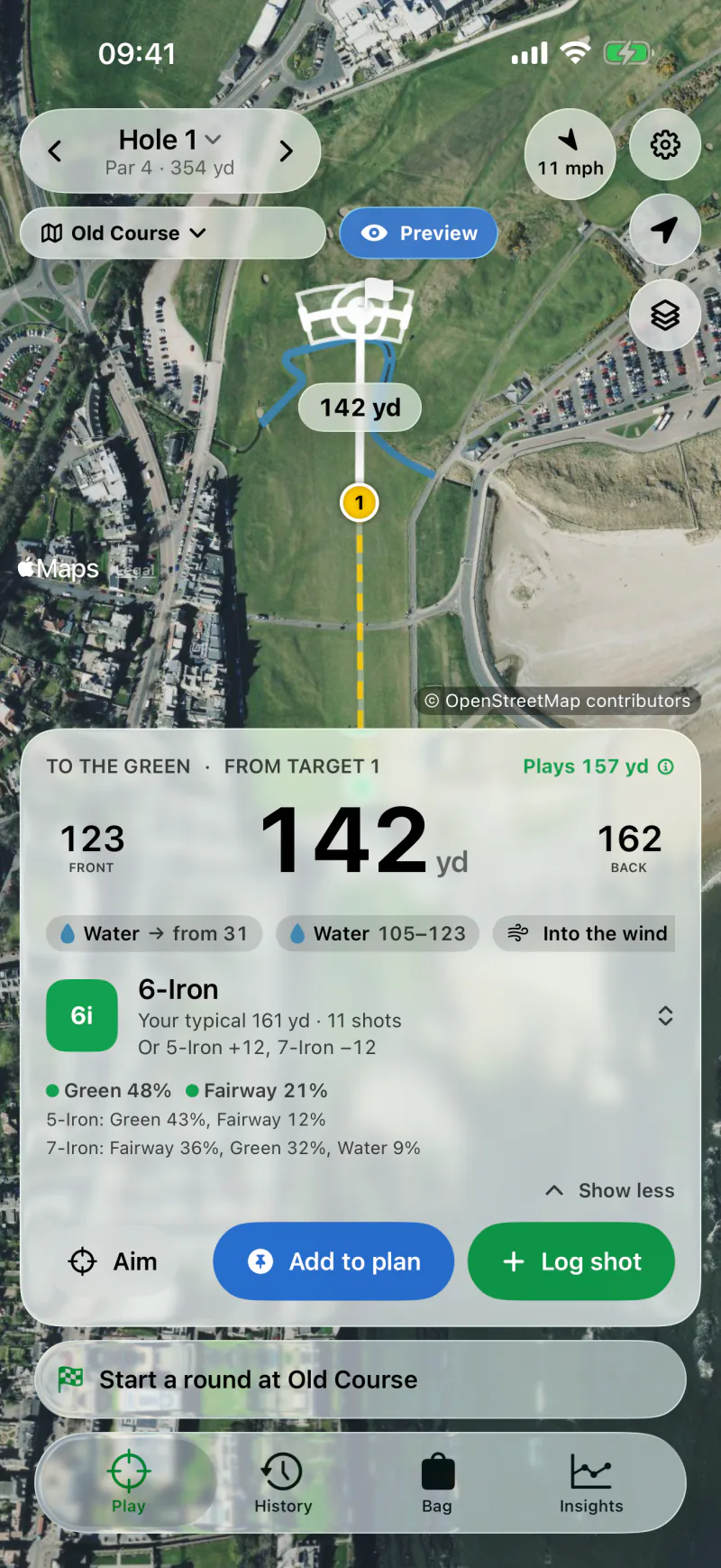 Planning the 1st: from target 1 after the drive, 142 yards to the green with a 6-iron, and how the clubs either side compare