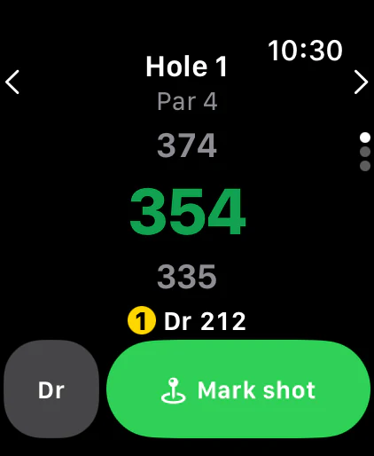 The Apple Watch app on the 1st: 354 yards to the middle of the green, the plan's driver and a Mark shot button