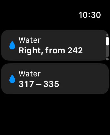 Hazards ahead: water on the right from 242 yards, and water from 317 to 335