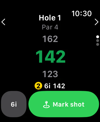 142 yards to the green with the plan's 6-iron and the Mark shot button