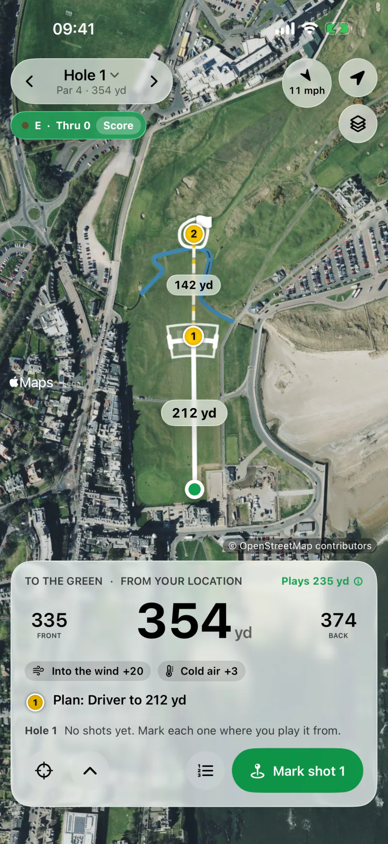 The 1st hole on the satellite map: 354 yards to the middle of the green, and the planned 212-yard drive playing 235 into the wind and cold air